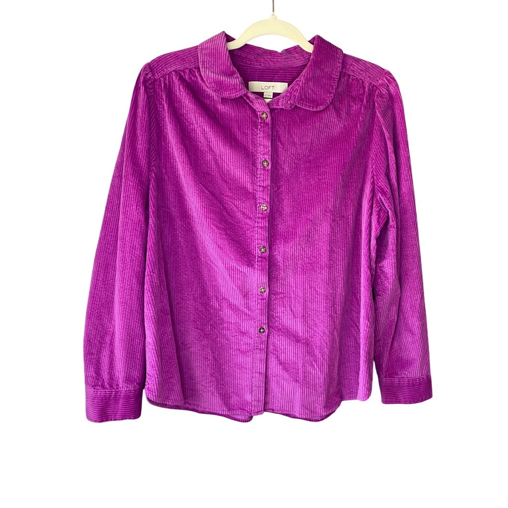 LOFT Magenta Purple Corduroy Button Down Shirt Peter Pan Collar Large